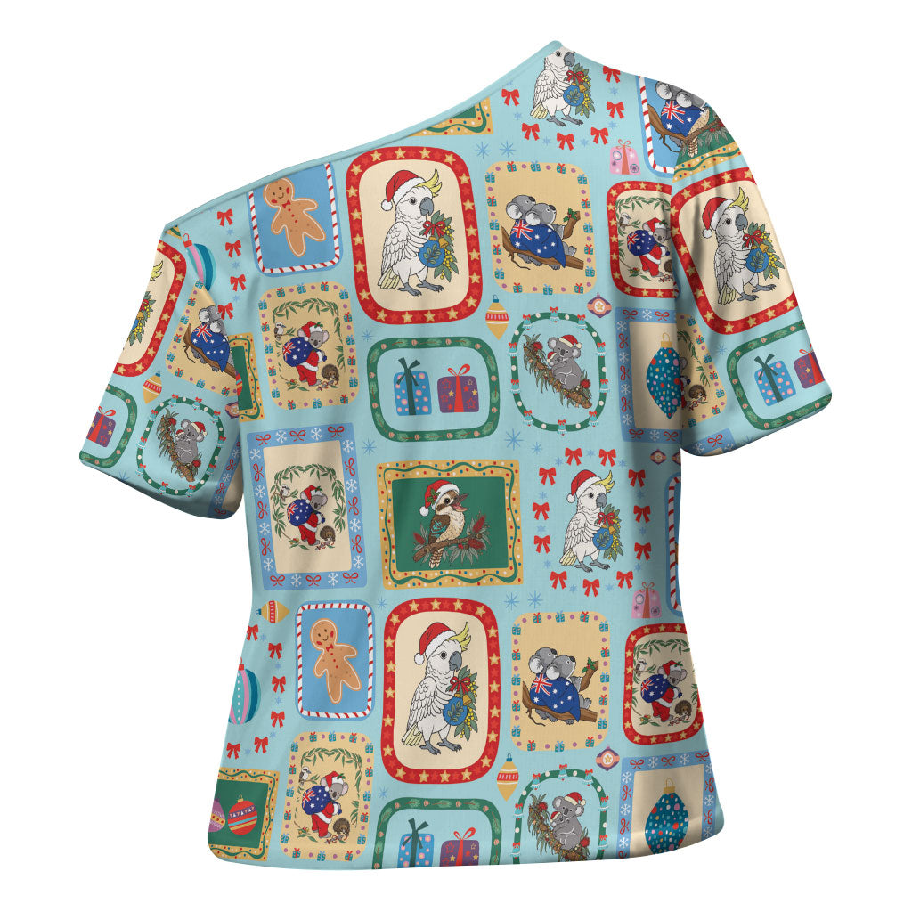 Australia Wildlife Christmas Stamp Cross Shoulder Shirt Blue Aussie Native Animal Seamless Pattern