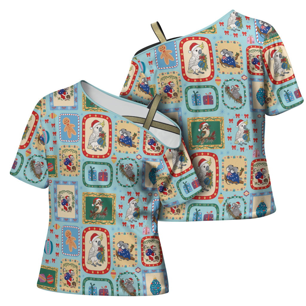 Australia Wildlife Christmas Stamp Cross Shoulder Shirt Blue Aussie Native Animal Seamless Pattern