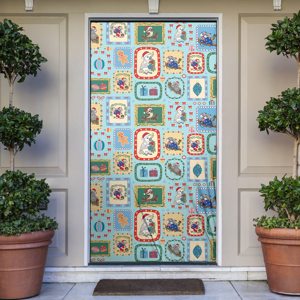 Australia Wildlife Christmas Stamp Door Cover Blue Aussie Native Animal Seamless Pattern