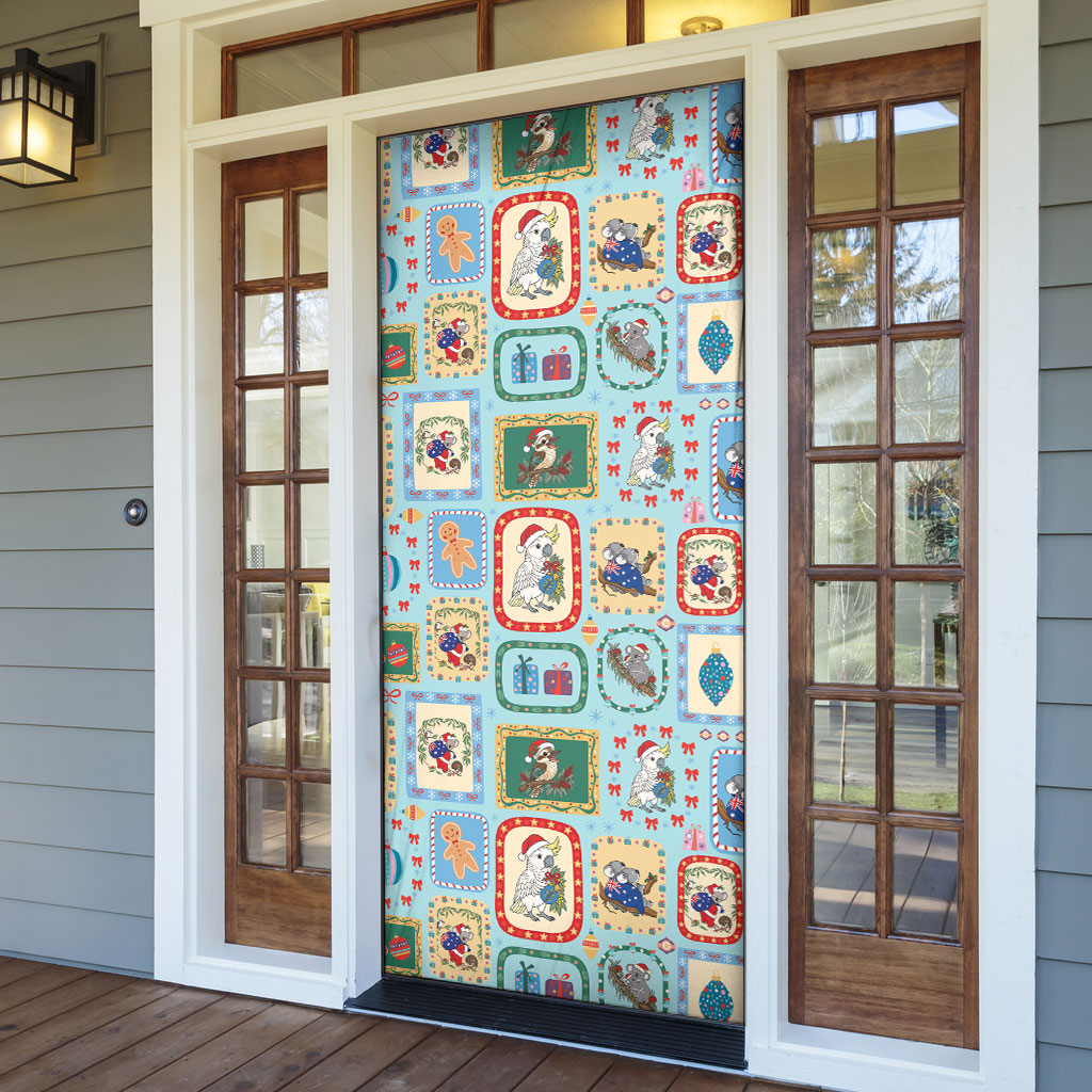 Australia Wildlife Christmas Stamp Door Cover Blue Aussie Native Animal Seamless Pattern