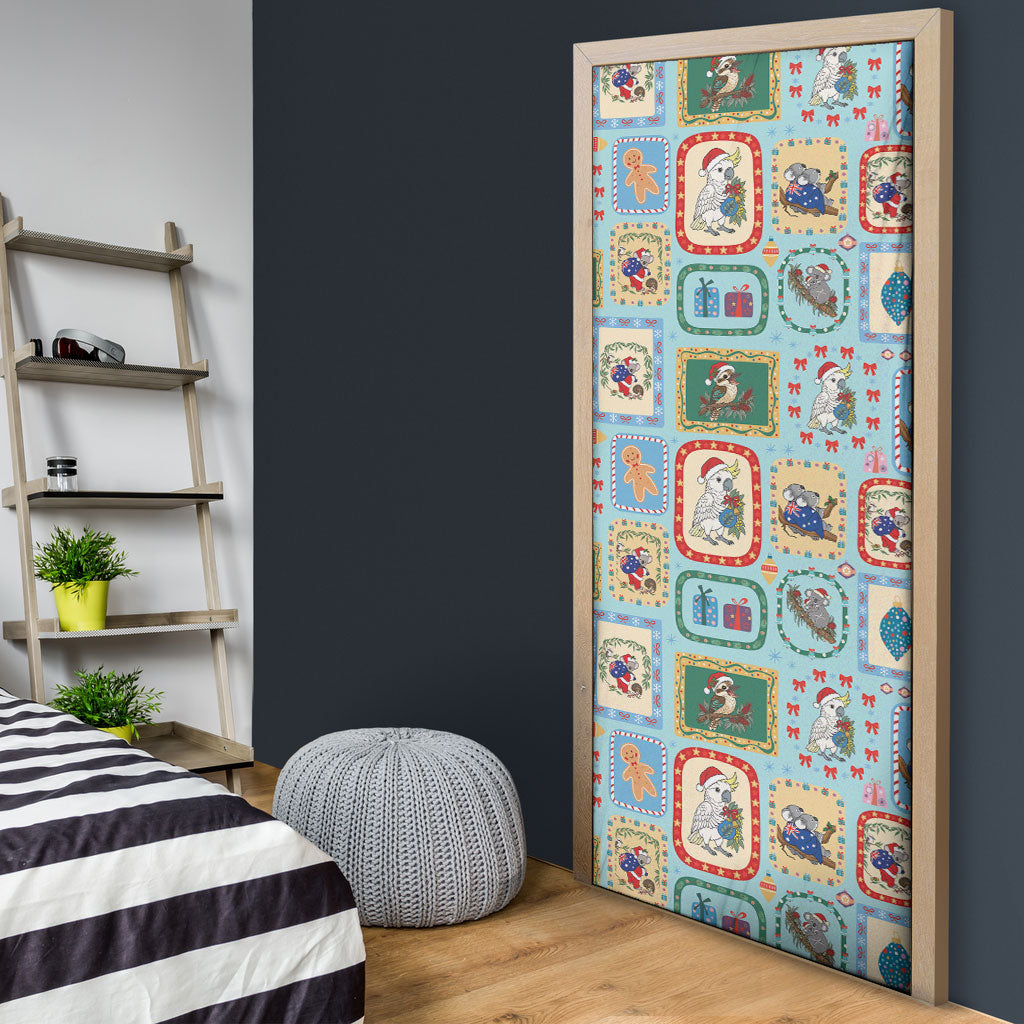 Australia Wildlife Christmas Stamp Door Cover Blue Aussie Native Animal Seamless Pattern