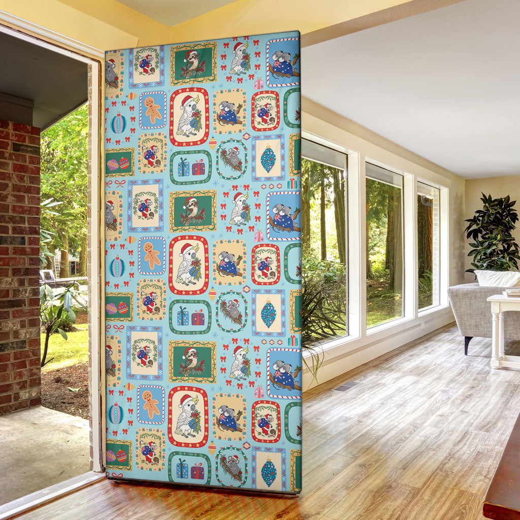 Australia Wildlife Christmas Stamp Door Cover Blue Aussie Native Animal Seamless Pattern