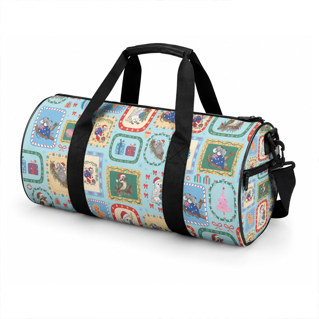 Australia Wildlife Christmas Stamp Duffle Bag Blue Aussie Native Animal Seamless Pattern