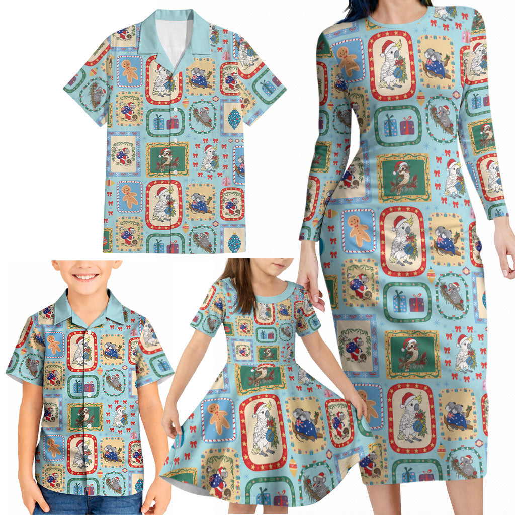 Australia Wildlife Christmas Stamp Family Matching Long Sleeve Bodycon Dress and Hawaiian Shirt Blue Aussie Native Animal Seamless Pattern