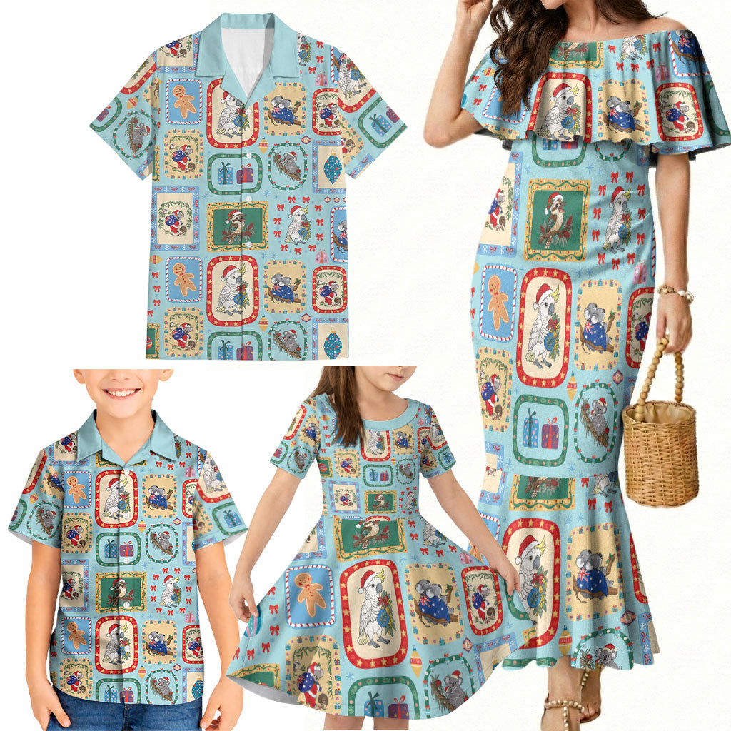 Australia Wildlife Christmas Stamp Family Matching Mermaid Dress and Hawaiian Shirt Blue Aussie Native Animal Seamless Pattern