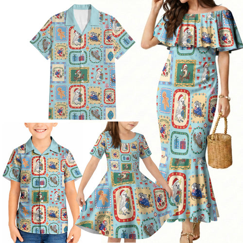 Australia Wildlife Christmas Stamp Family Matching Mermaid Dress and Hawaiian Shirt Blue Aussie Native Animal Seamless Pattern