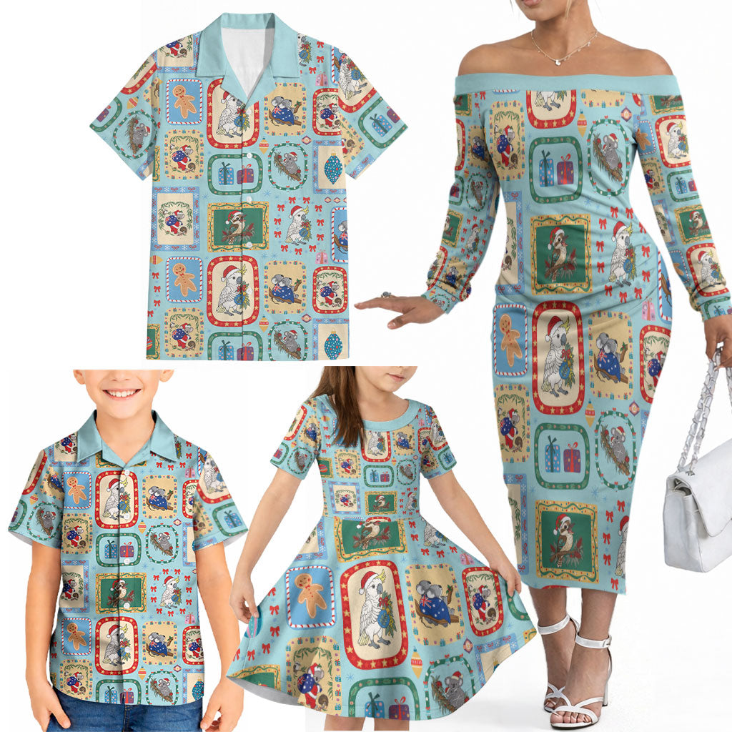 Australia Wildlife Christmas Stamp Family Matching Off The Shoulder Long Sleeve Dress and Hawaiian Shirt Blue Aussie Native Animal Seamless Pattern
