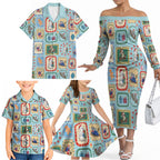 Australia Wildlife Christmas Stamp Family Matching Off The Shoulder Long Sleeve Dress and Hawaiian Shirt Blue Aussie Native Animal Seamless Pattern