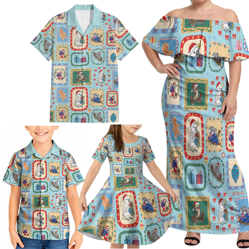 Australia Wildlife Christmas Stamp Family Matching Off Shoulder Maxi Dress and Hawaiian Shirt Blue Aussie Native Animal Seamless Pattern
