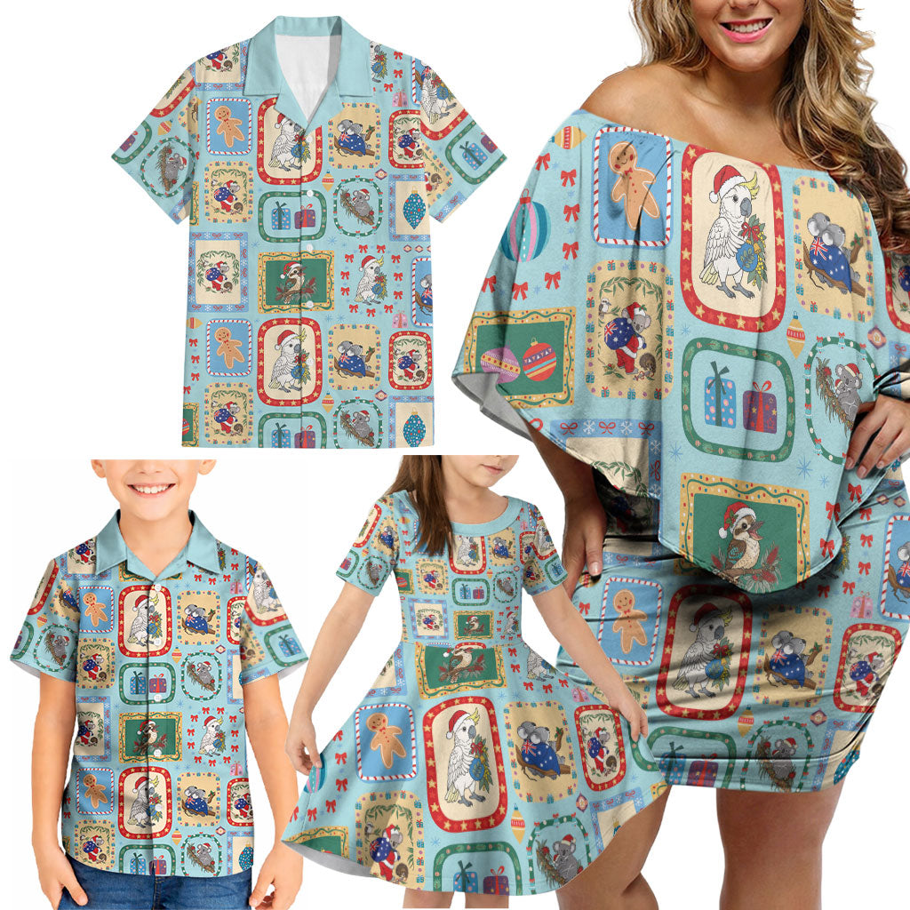 Australia Wildlife Christmas Stamp Family Matching Off Shoulder Short Dress and Hawaiian Shirt Blue Aussie Native Animal Seamless Pattern