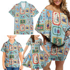 Australia Wildlife Christmas Stamp Family Matching Off Shoulder Short Dress and Hawaiian Shirt Blue Aussie Native Animal Seamless Pattern