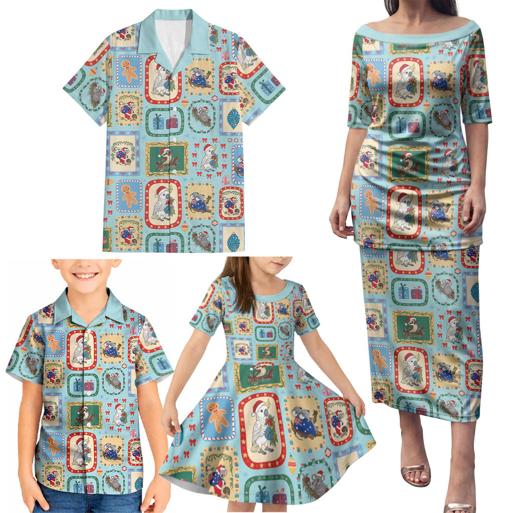 Australia Wildlife Christmas Stamp Family Matching Puletasi and Hawaiian Shirt Blue Aussie Native Animal Seamless Pattern