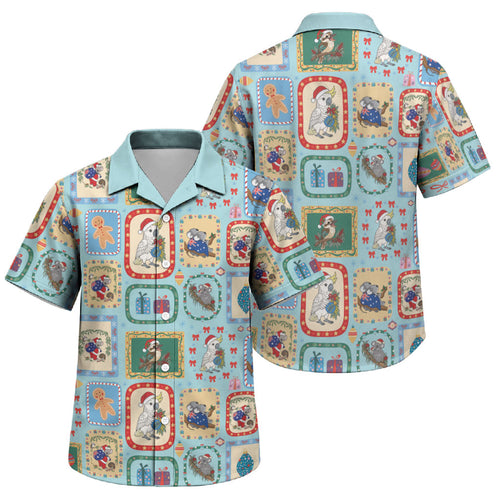 Australia Wildlife Christmas Stamp Family Matching Puletasi and Hawaiian Shirt Blue Aussie Native Animal Seamless Pattern