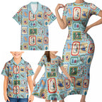Australia Wildlife Christmas Stamp Family Matching Short Sleeve Bodycon Dress and Hawaiian Shirt Blue Aussie Native Animal Seamless Pattern