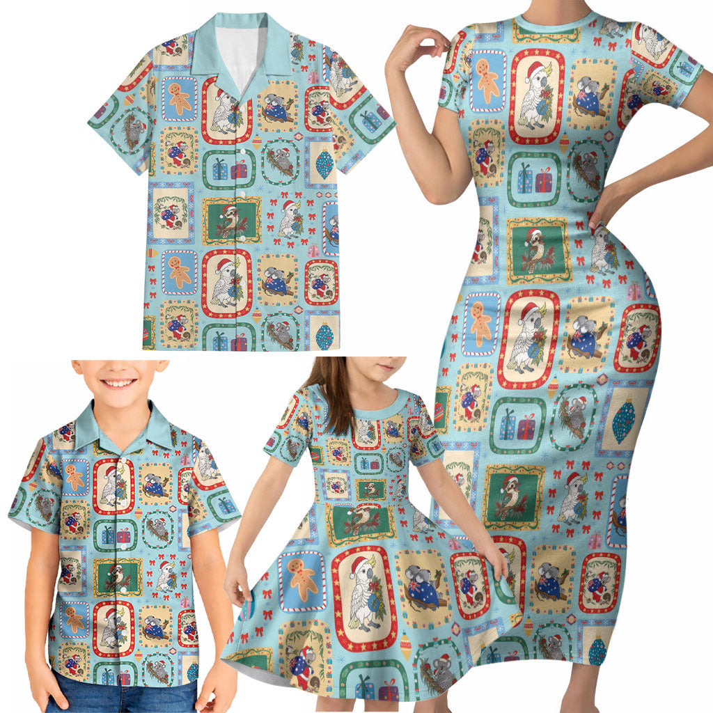 Australia Wildlife Christmas Stamp Family Matching Short Sleeve Bodycon Dress and Hawaiian Shirt Blue Aussie Native Animal Seamless Pattern