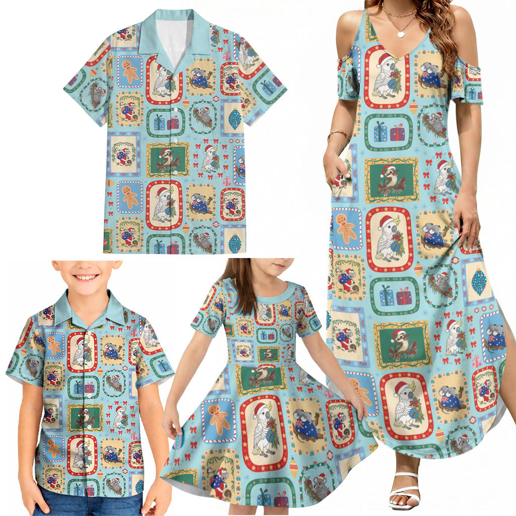 Australia Wildlife Christmas Stamp Family Matching Summer Maxi Dress and Hawaiian Shirt Blue Aussie Native Animal Seamless Pattern