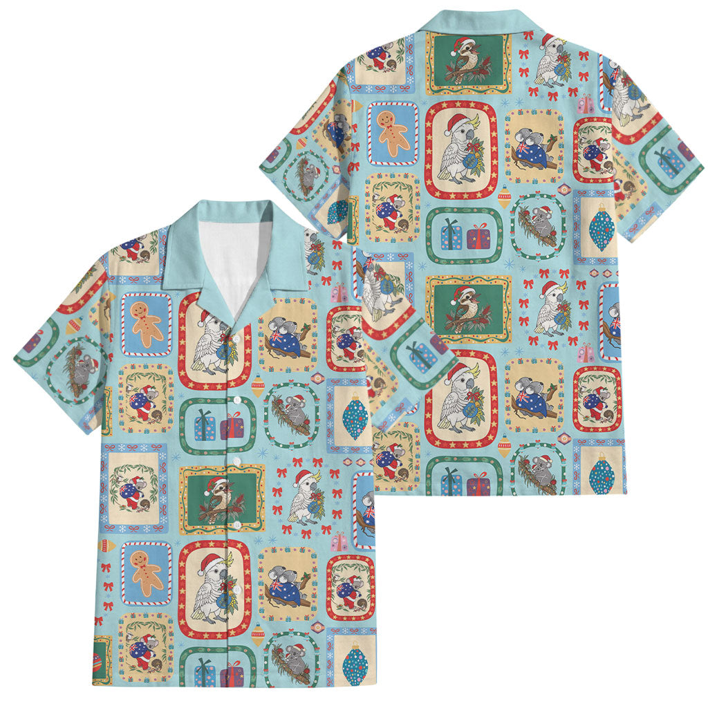 Australia Wildlife Christmas Stamp Family Matching Summer Maxi Dress and Hawaiian Shirt Blue Aussie Native Animal Seamless Pattern