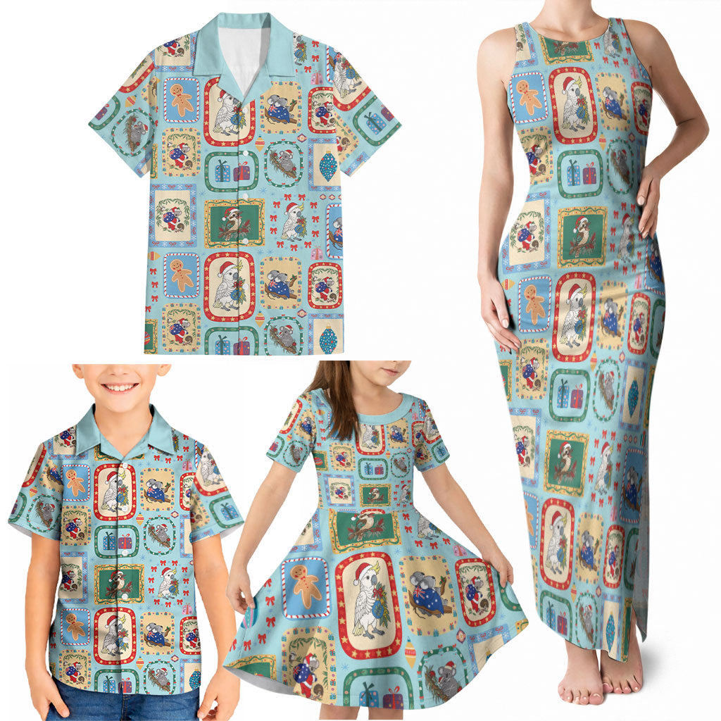 Australia Wildlife Christmas Stamp Family Matching Tank Maxi Dress and Hawaiian Shirt Blue Aussie Native Animal Seamless Pattern