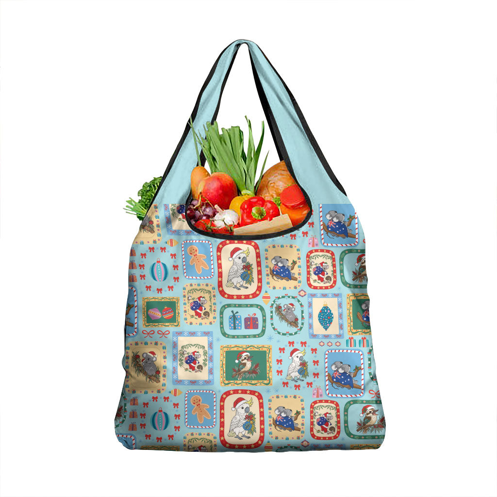 Australia Wildlife Christmas Stamp Grocery Bag Blue Aussie Native Animal Seamless Pattern