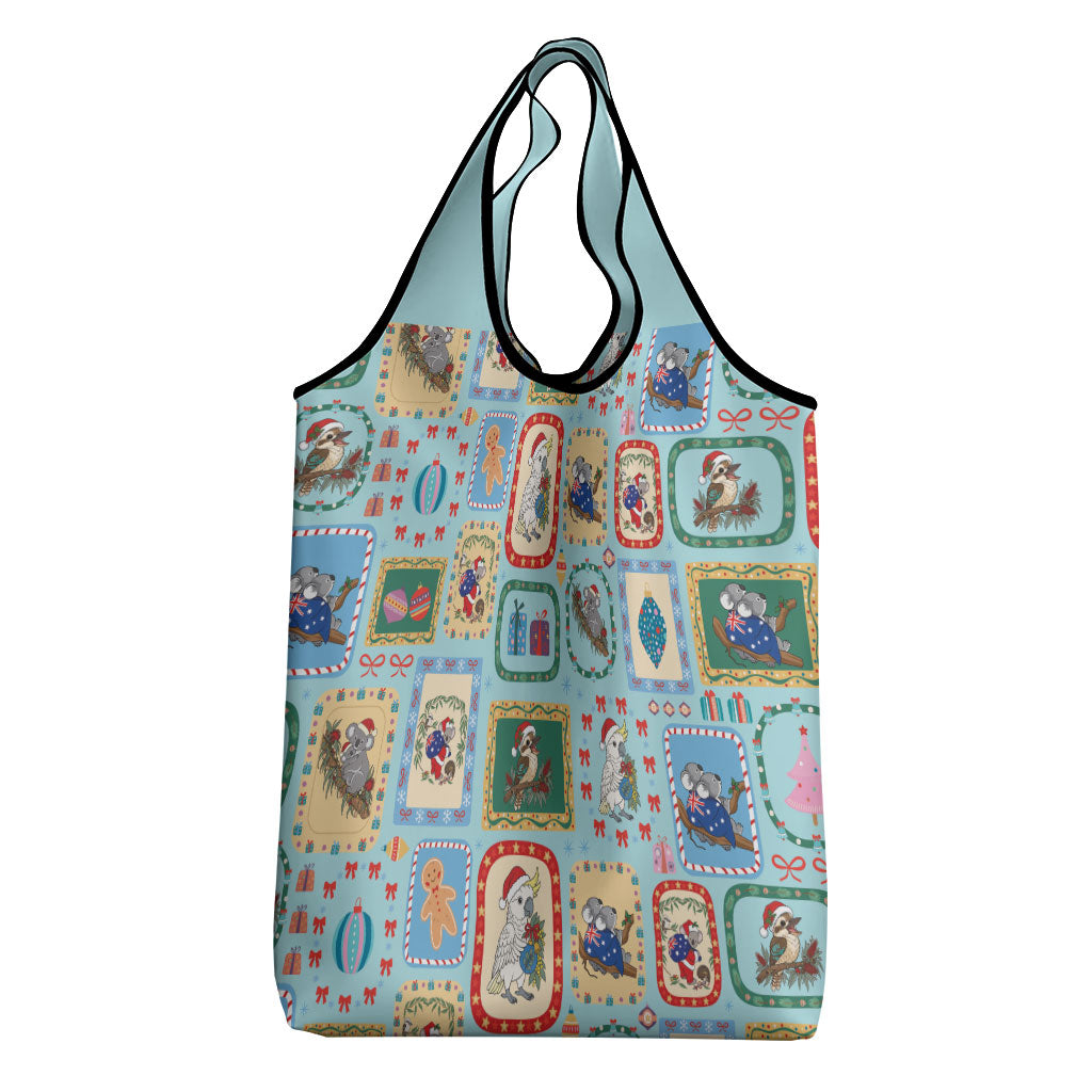 Australia Wildlife Christmas Stamp Grocery Bag Blue Aussie Native Animal Seamless Pattern
