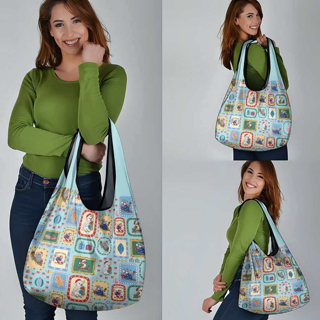 Australia Wildlife Christmas Stamp Grocery Bag Blue Aussie Native Animal Seamless Pattern