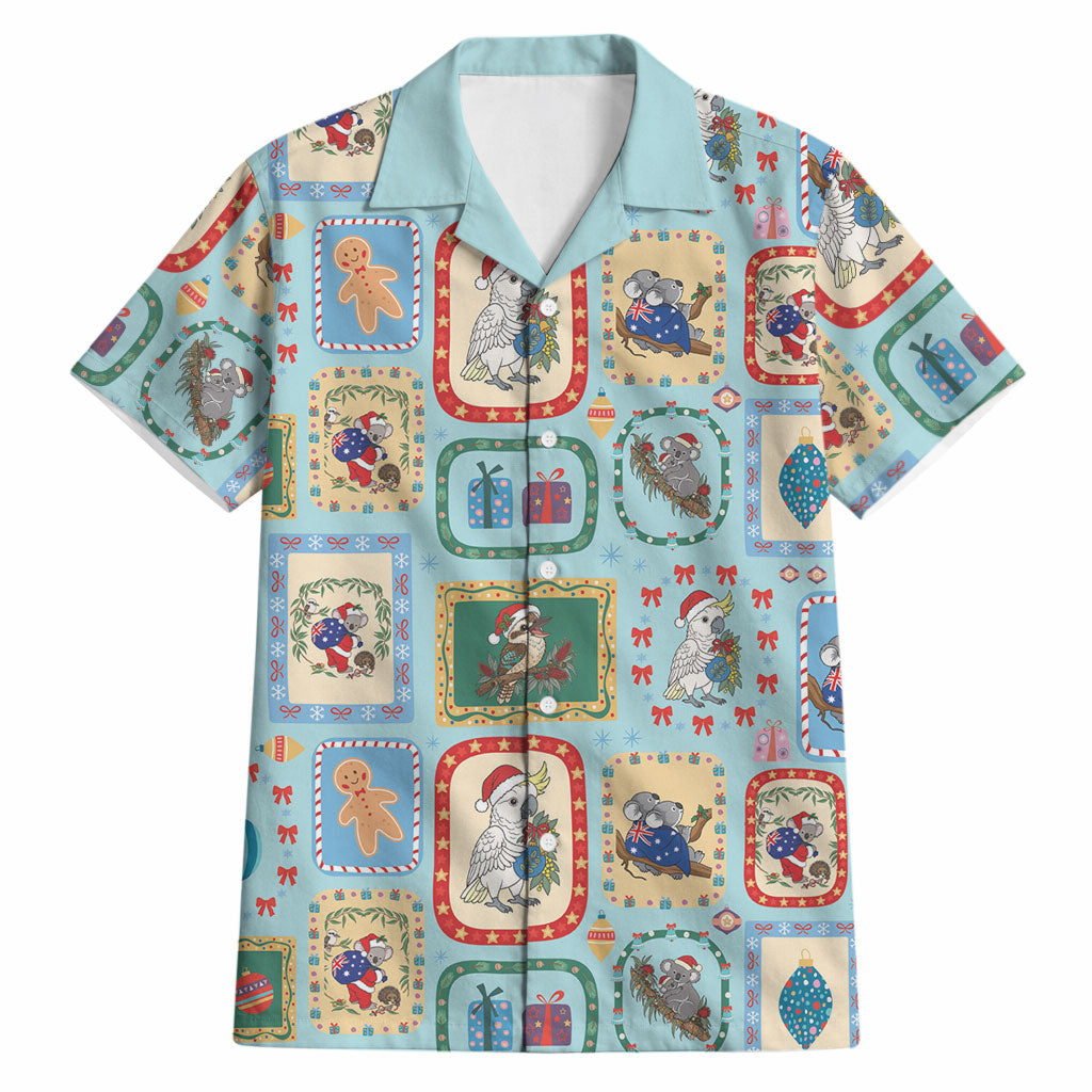 Australia Wildlife Christmas Stamp Hawaiian Shirt Blue Aussie Native Animal Seamless Pattern