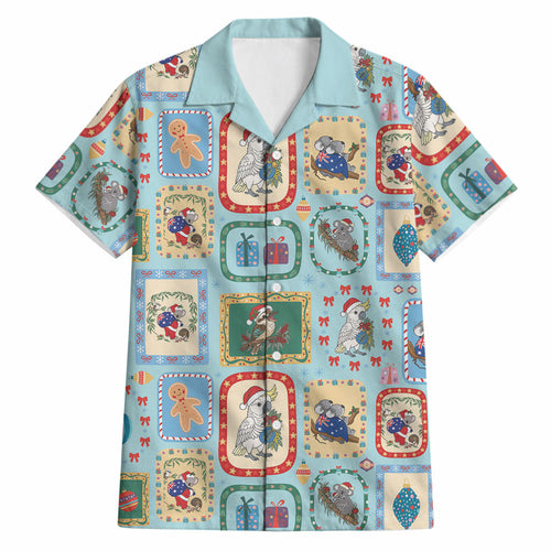 Australia Wildlife Christmas Stamp Hawaiian Shirt Blue Aussie Native Animal Seamless Pattern