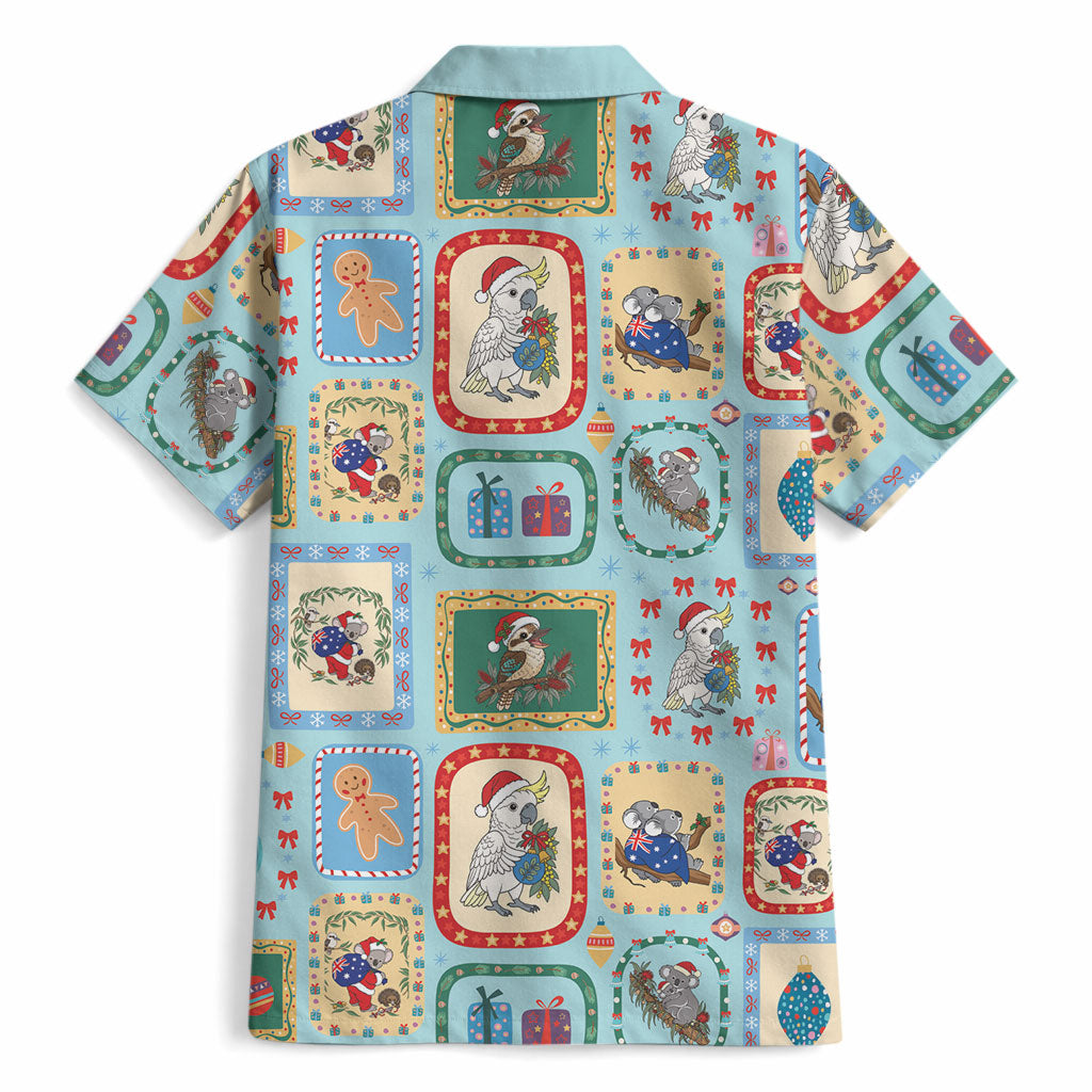 Australia Wildlife Christmas Stamp Hawaiian Shirt Blue Aussie Native Animal Seamless Pattern
