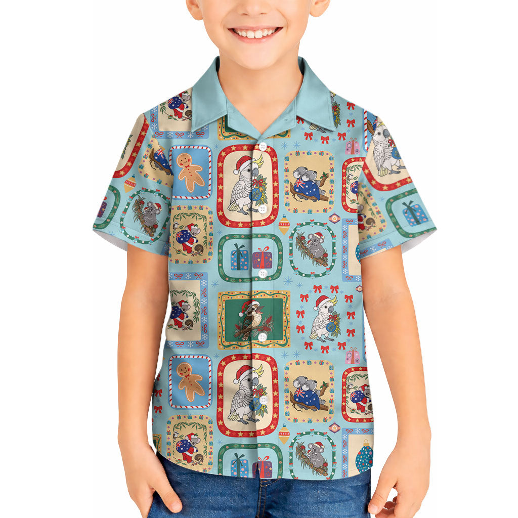 Australia Wildlife Christmas Stamp Hawaiian Shirt Blue Aussie Native Animal Seamless Pattern