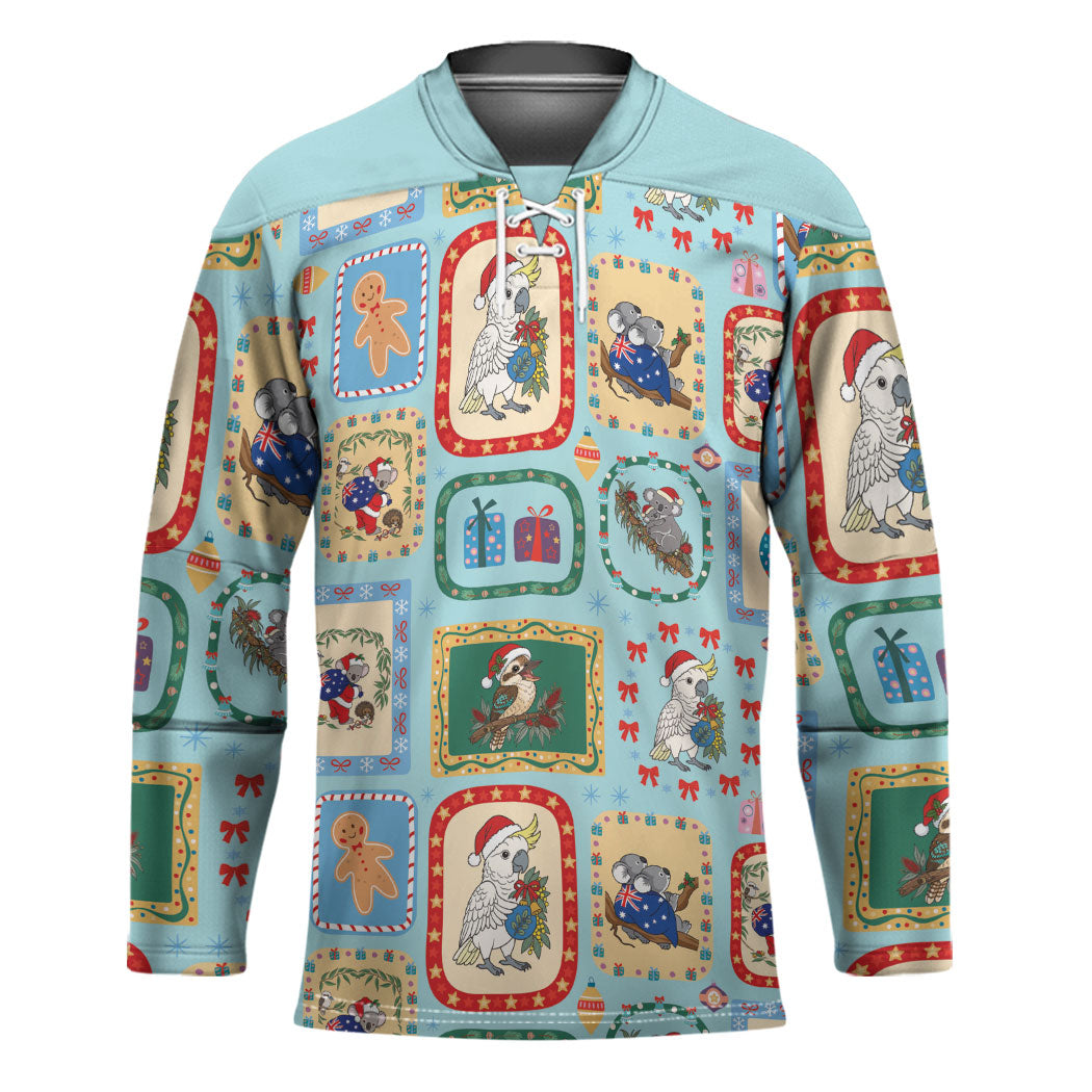 Australia Wildlife Christmas Stamp Hockey Jersey Blue Aussie Native Animal Seamless Pattern