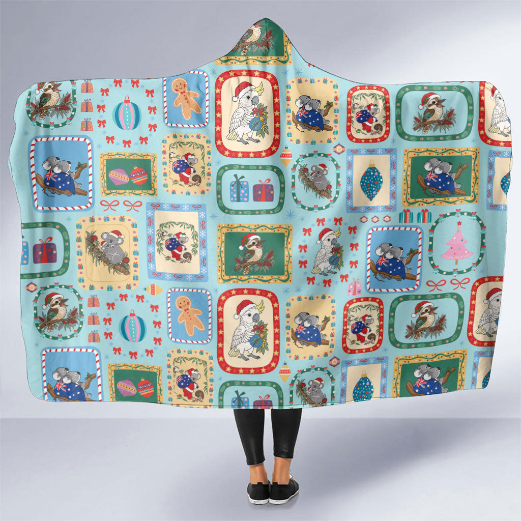 Australia Wildlife Christmas Stamp Hooded Blanket Blue Aussie Native Animal Seamless Pattern