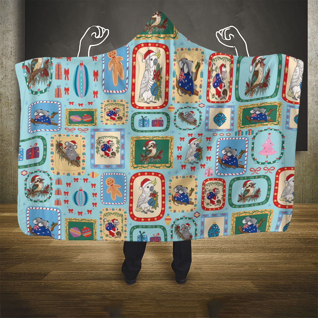 Australia Wildlife Christmas Stamp Hooded Blanket Blue Aussie Native Animal Seamless Pattern