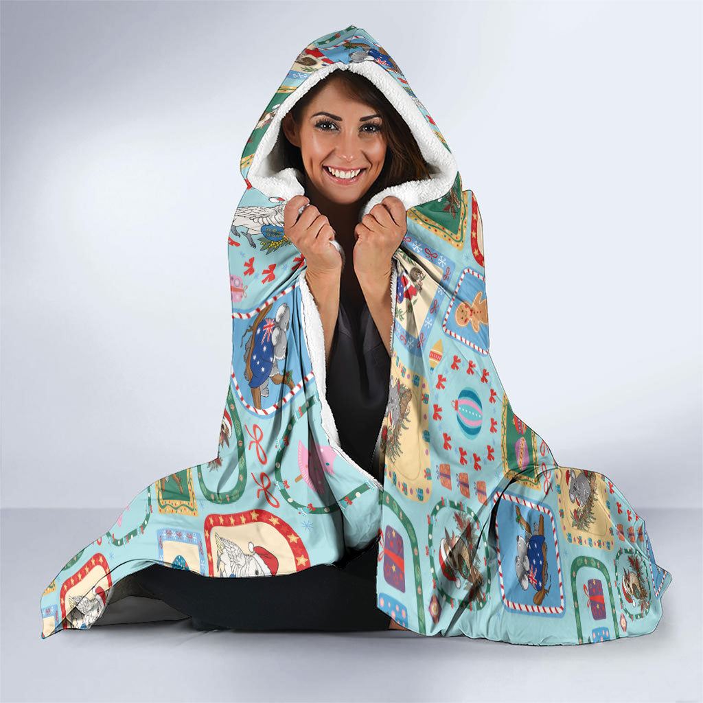 Australia Wildlife Christmas Stamp Hooded Blanket Blue Aussie Native Animal Seamless Pattern