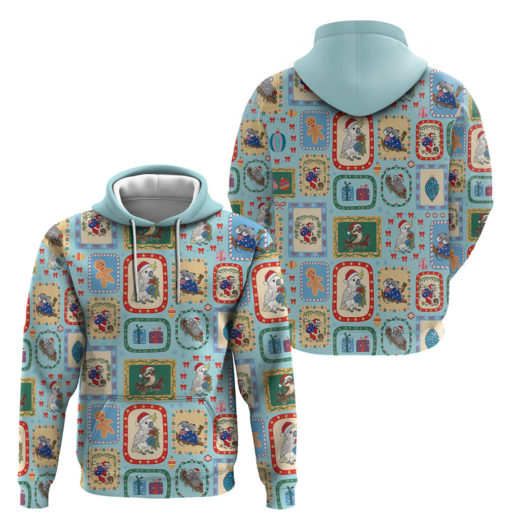 Australia Wildlife Christmas Stamp Hoodie Blue Aussie Native Animal Seamless Pattern