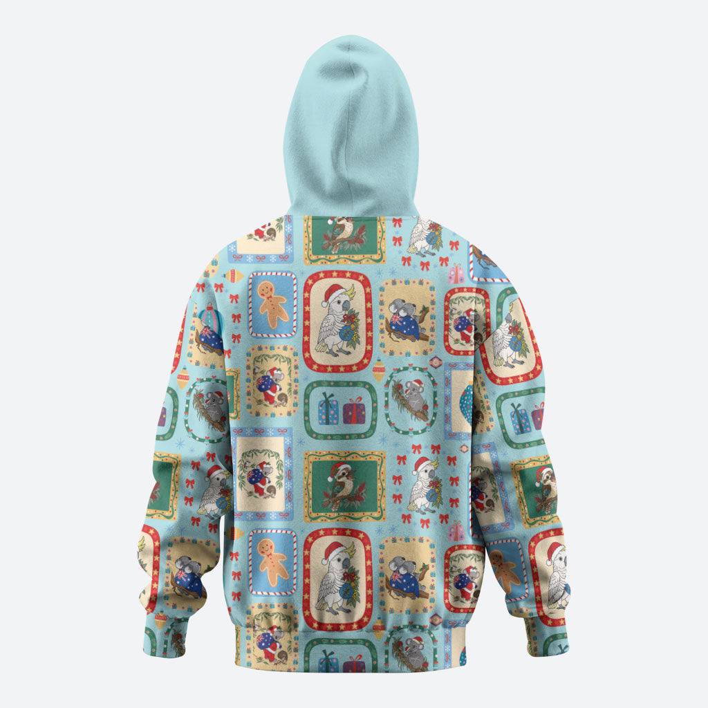 Australia Wildlife Christmas Stamp Hoodie Blue Aussie Native Animal Seamless Pattern