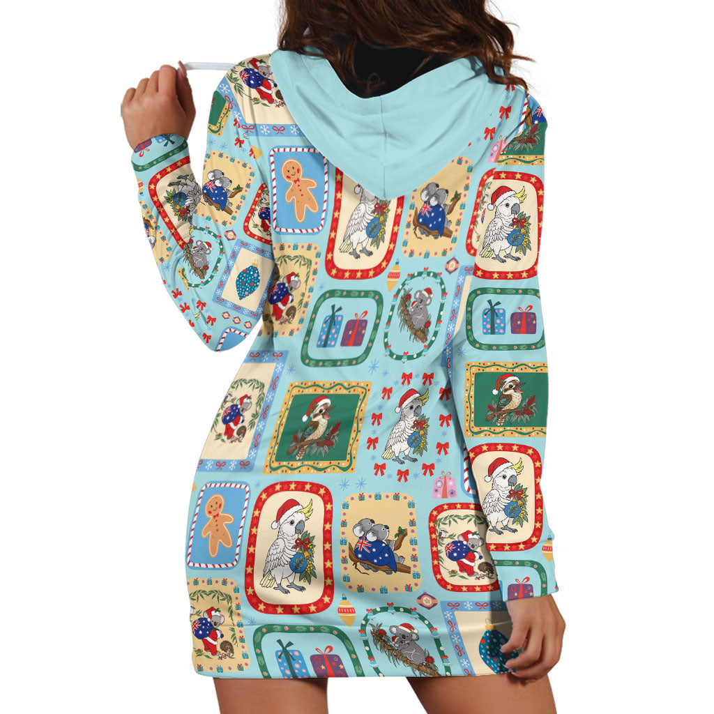 Australia Wildlife Christmas Stamp Hoodie Dress Blue Aussie Native Animal Seamless Pattern