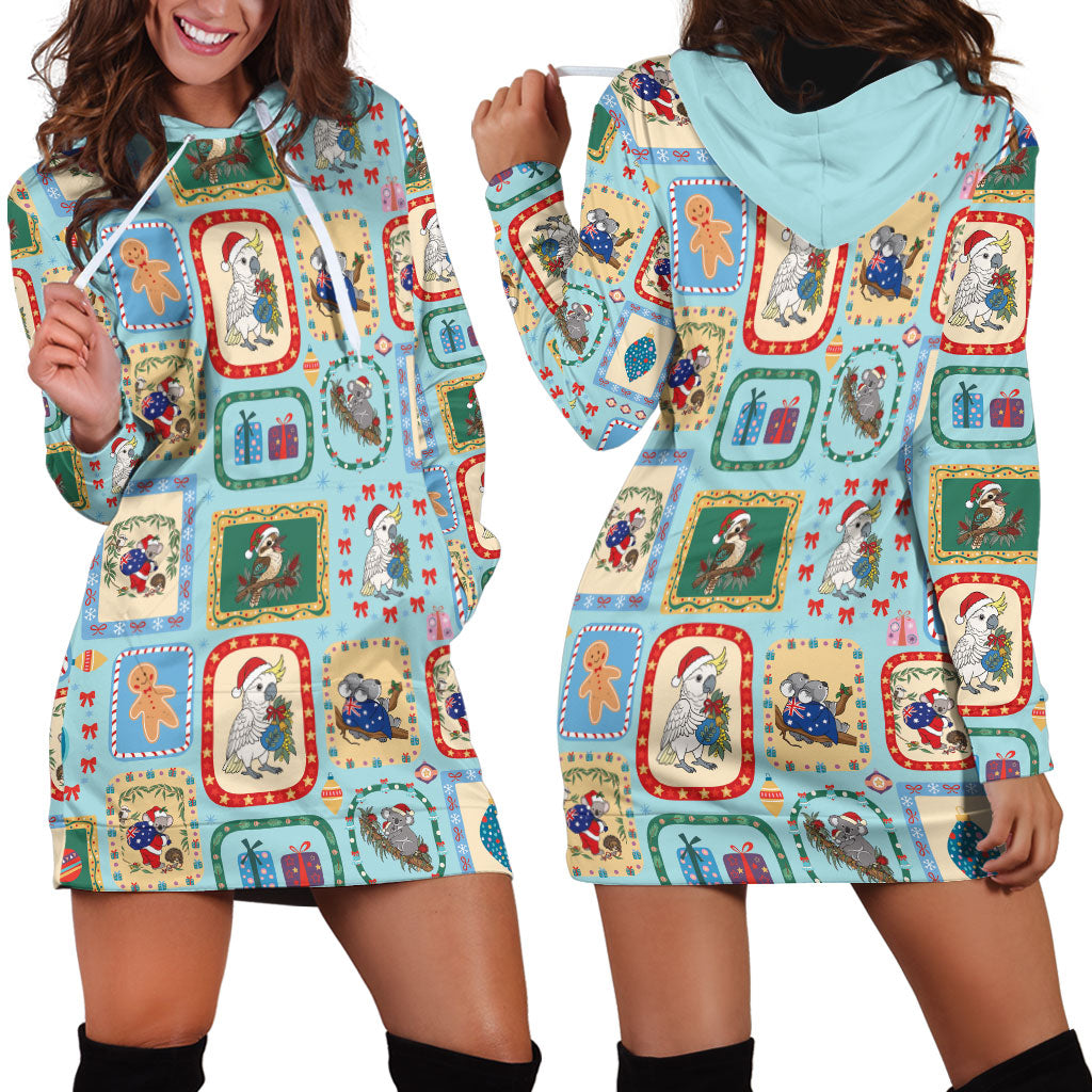 Australia Wildlife Christmas Stamp Hoodie Dress Blue Aussie Native Animal Seamless Pattern