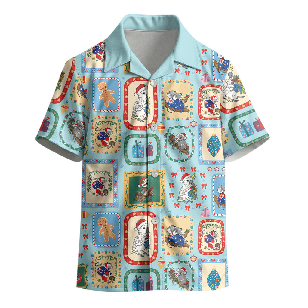 Australia Wildlife Christmas Stamp Kid Hawaiian Shirt Blue Aussie Native Animal Seamless Pattern