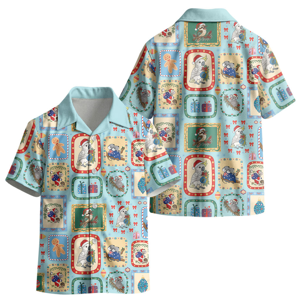 Australia Wildlife Christmas Stamp Kid Hawaiian Shirt Blue Aussie Native Animal Seamless Pattern