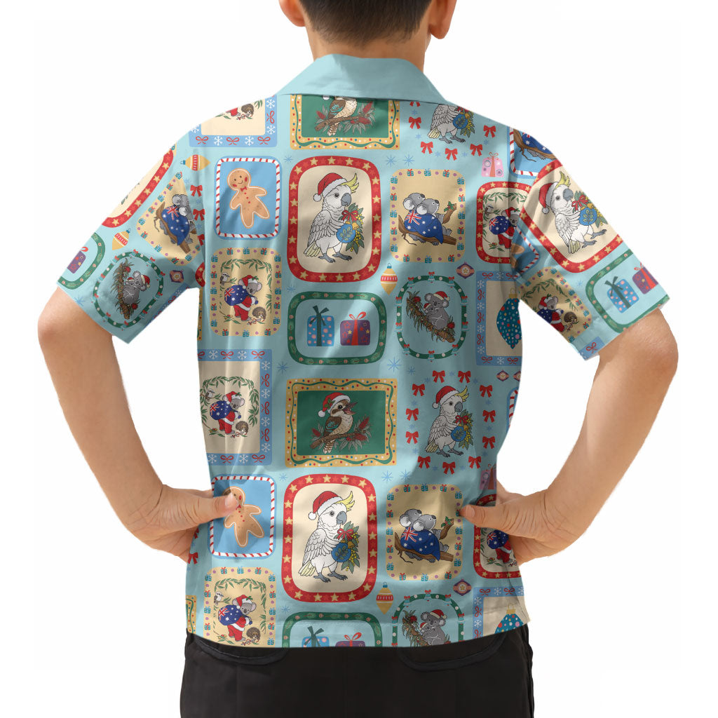 Australia Wildlife Christmas Stamp Kid Hawaiian Shirt Blue Aussie Native Animal Seamless Pattern