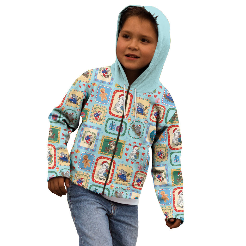 Australia Wildlife Christmas Stamp Kid Hoodie Blue Aussie Native Animal Seamless Pattern