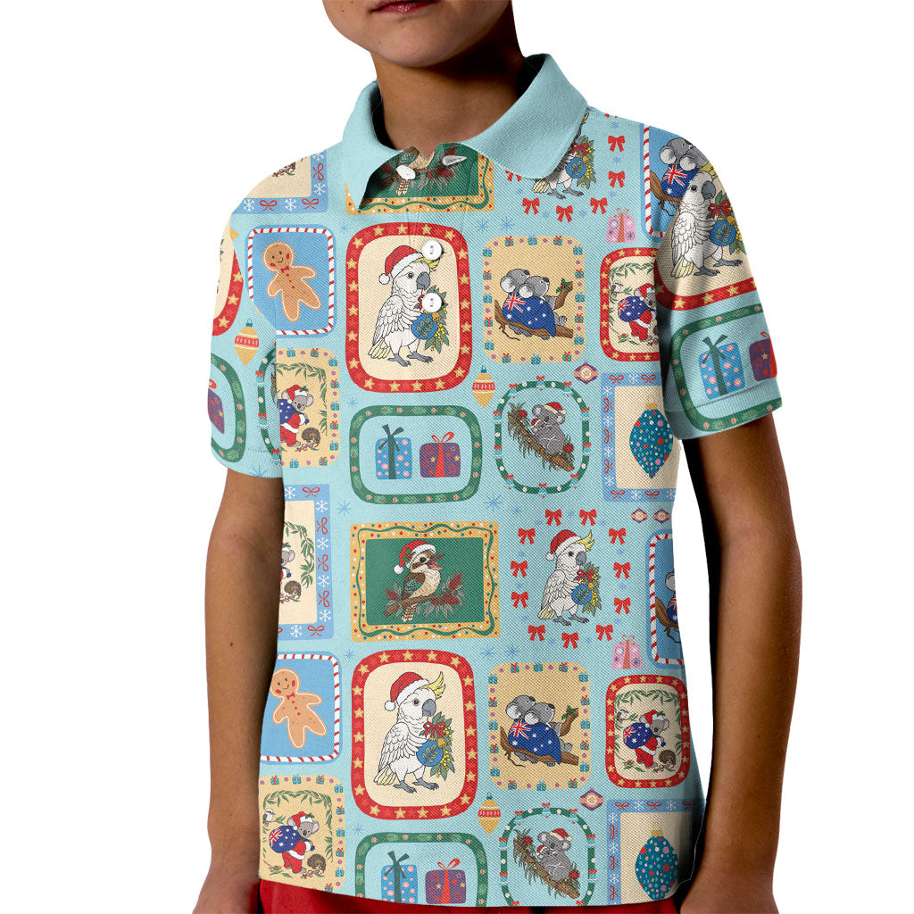 Australia Wildlife Christmas Stamp Kid Polo Shirt Blue Aussie Native Animal Seamless Pattern