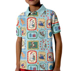 Australia Wildlife Christmas Stamp Kid Polo Shirt Blue Aussie Native Animal Seamless Pattern