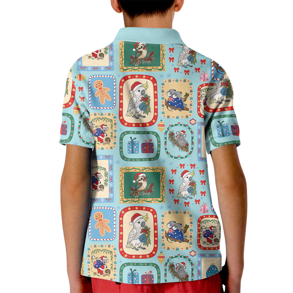 Australia Wildlife Christmas Stamp Kid Polo Shirt Blue Aussie Native Animal Seamless Pattern