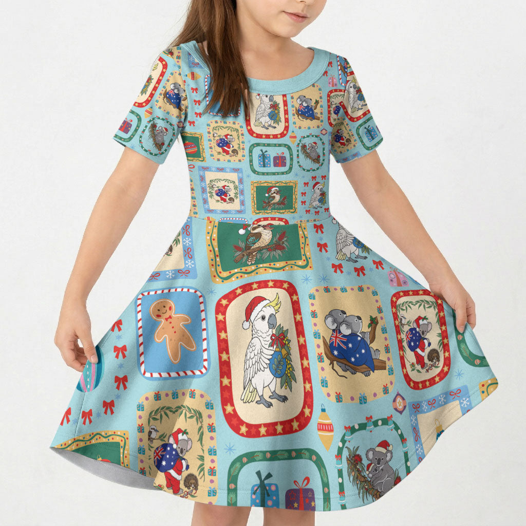 Australia Wildlife Christmas Stamp Kid Short Sleeve Dress Blue Aussie Native Animal Seamless Pattern