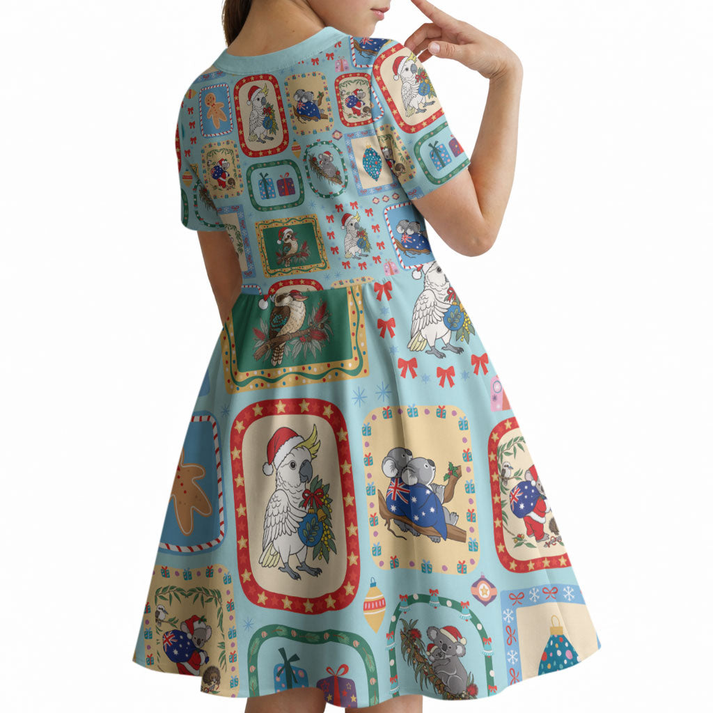 Australia Wildlife Christmas Stamp Kid Short Sleeve Dress Blue Aussie Native Animal Seamless Pattern
