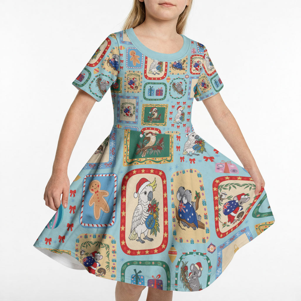 Australia Wildlife Christmas Stamp Kid Short Sleeve Dress Blue Aussie Native Animal Seamless Pattern