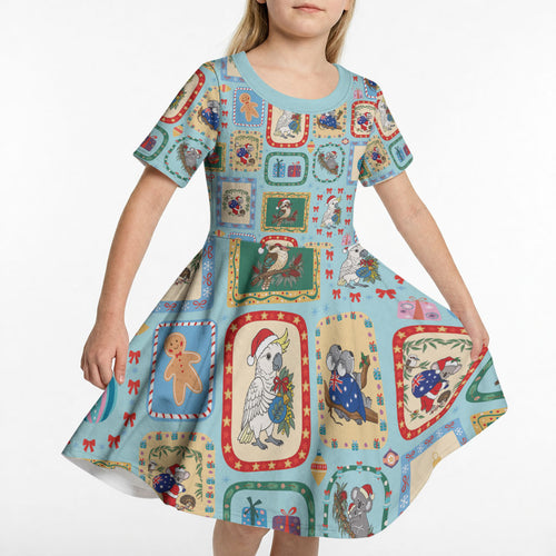 Australia Wildlife Christmas Stamp Kid Short Sleeve Dress Blue Aussie Native Animal Seamless Pattern