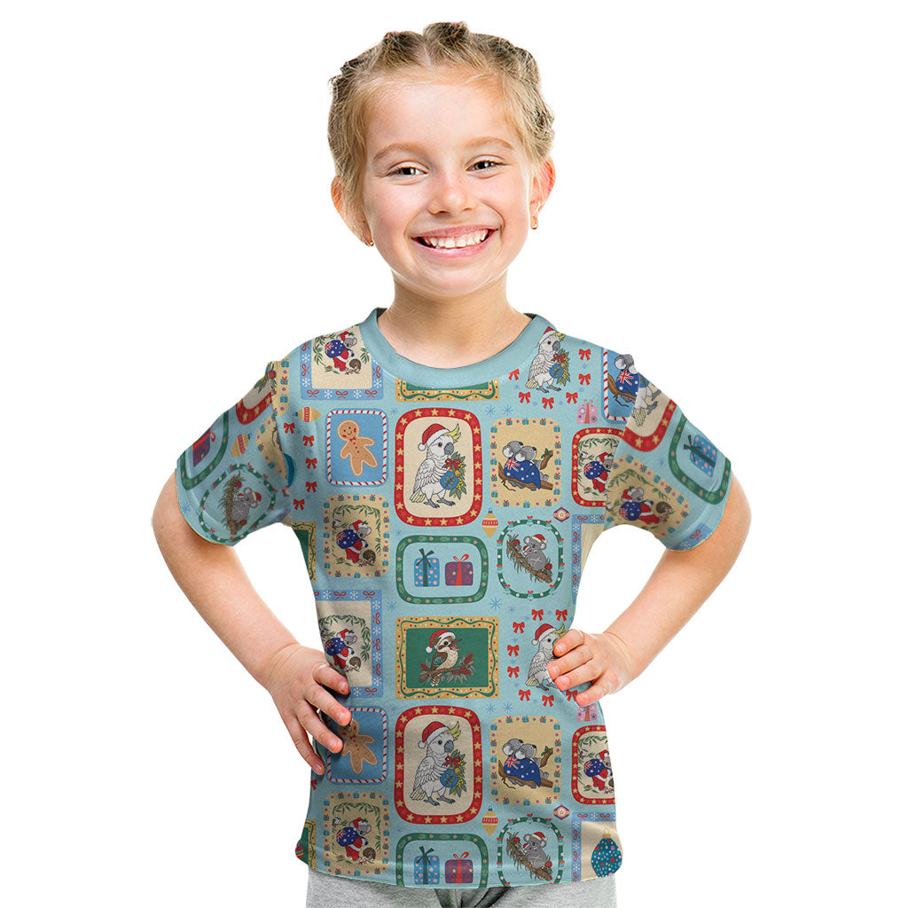 Australia Wildlife Christmas Stamp Kid T Shirt Blue Aussie Native Animal Seamless Pattern