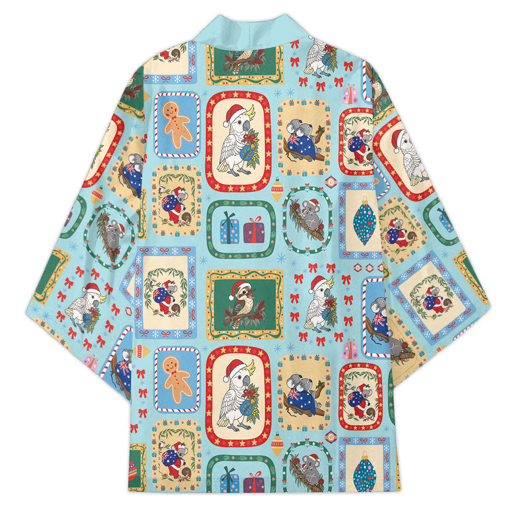 Australia Wildlife Christmas Stamp Kimono Blue Aussie Native Animal Seamless Pattern